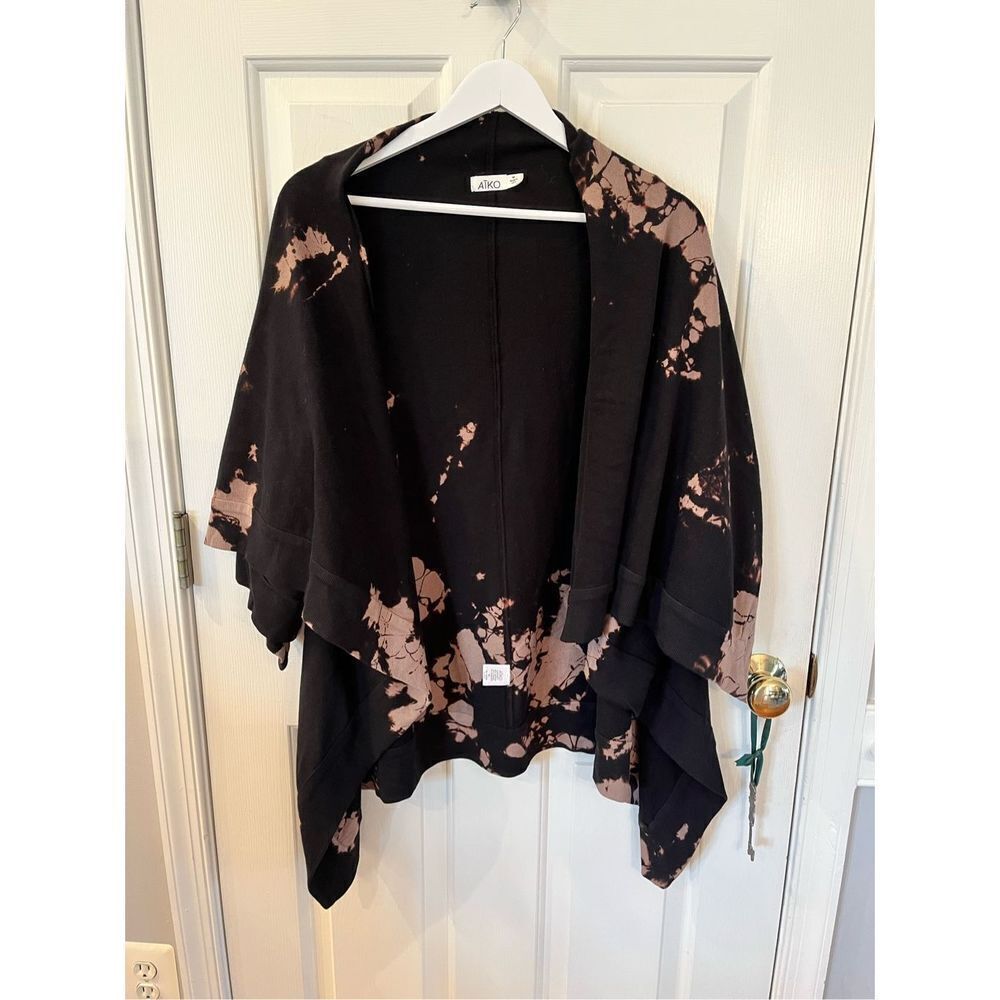 Aiko Black Tie Dye Lagenlook Short Sleeve Shawl Neck Open Front Cardigan sz M EU